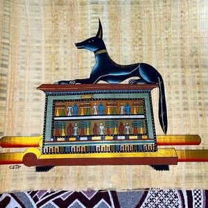 Egyptian Papyrus Paper. Hand painted art 25”x17” King Tut Jackal large